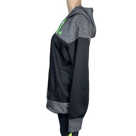 Adidas Womens Hoodie Sweatshirt Fleece Lined Pullover Sporty Black Green Large - Picture 10 of 13
